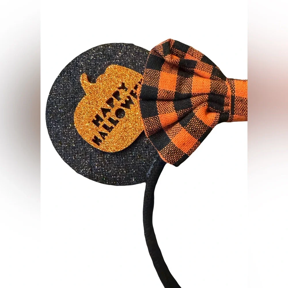 Halloween Black & Orange Plaid Bow Ear Headband for Kids